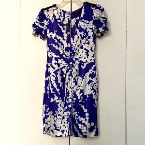 Blue and white silk Dress with black zipper detail on arms and back.